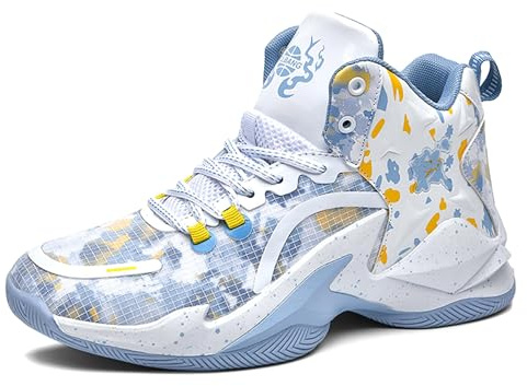 Basketbollskor for män andas, stötdämpande, halksäkra, slitstarka, trendiga sportträningsstövlar Skor för promenader(White gray,37 EU)