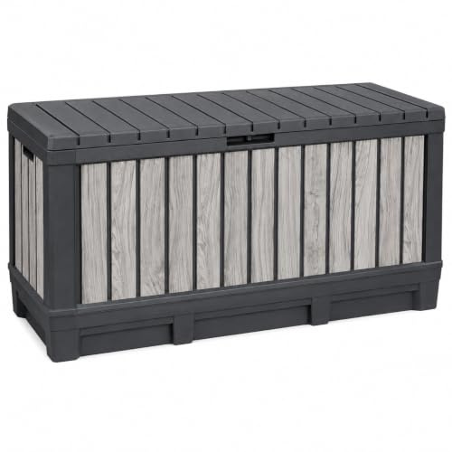 Koll Living Boîte de rangement pour jardin Kentwood 350 litres en aspect bois gris tempête | Boîte de rangement avec fonction assise pour les coussins de siège, les outils de jardin ou les jouets pour