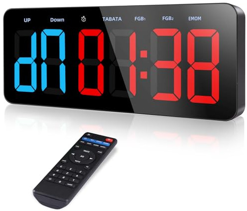 PELLOR Temporizador Multifunción para Gimnasio - Grand 3 Digital Reloj de Pared, Cronómetro LED con Modos Tabata/FGB/EMOM, 5 Niveles Brillo, Cuenta Regresiva/Progressiva, Portátil para Fitness/MMA