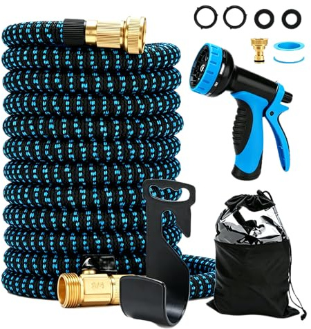 Flexibler Gartenschlauch,30 m,Gardena gartenschlauch,3/4 Zoll und 1/2 Zoll Metallanschlüsse,Garten Wasserschlauch mit 10 Funktionen,Ausgedehnt+ Wandhalterung,mit 3-Fach Latexkern (blau, 30)