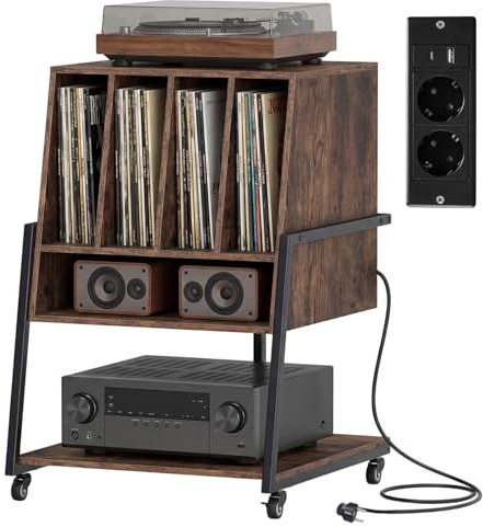 KOMFOTTEU Mueble para Tocadiscos (Marrón, con Estación de Carga) | Mesa para Tocadiscos con Ruedas/Patas Ajustables, Divisores, Soporte de Discos de Vinilo de Madera para Álbumes para Salón