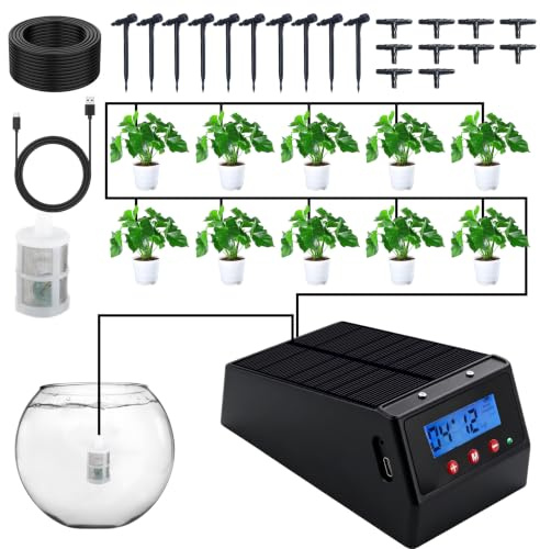 OBEST Kit D'irrigation Solaire avec 10 Goutteurs + Tuyau D'arrosage de 10 m | Modes D'arrosage Automatiques, Irrigation Autonome pour Balcon, Jardin, Plantes en Pot, Bon pour les Plantes en Vacances