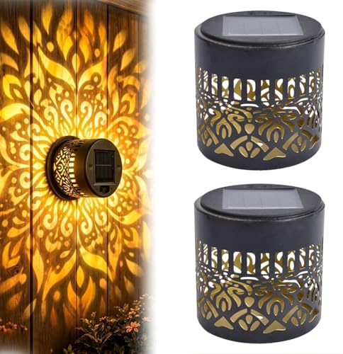 Solar Mandala Wall Light Outdoor Garden Fence Projector Lamp, 7-Color Waterproof Decorative Solar Mandala Lights Outdoor, Shadow Projection Lights for Patio Backyard Yard Ambient Decor(Warm*2)