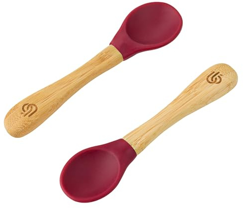 bamboo bamboo ® Baby avvänjningsskedar set med 2 | Bambu med mjuka silikonspetsar | Ergonomiska handtag med enkelt grepp | BPA-fri (set med 2, körsbär)