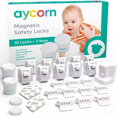 AYCORN® Magnetic Safety Cupboard Locks [10x] for Children [Includes 2X Keys] Child & Baby Safety Proofing for Kitchen, Cabinets and Drawers, 30 Second Install (No Drilling) with 3M Adhesive