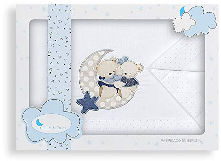 Interbaby Parure Lit 60 x 120 cm Drap 152 x 102 cm + Drap Dessous 120 x 60 x 12 cm + Coussin 60 x 30 cm Coton Modèle Amoroso B/Bleu