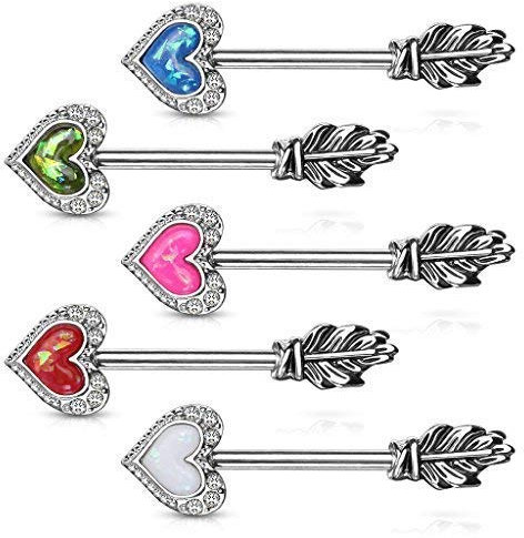Tapsi´s Coolbodyart® Brustwarzen Nippelpiercing Chirurgenstahl 316L Alt-Silber Tribal Feder Herz Opal Imitat Zirkonia 5er Set