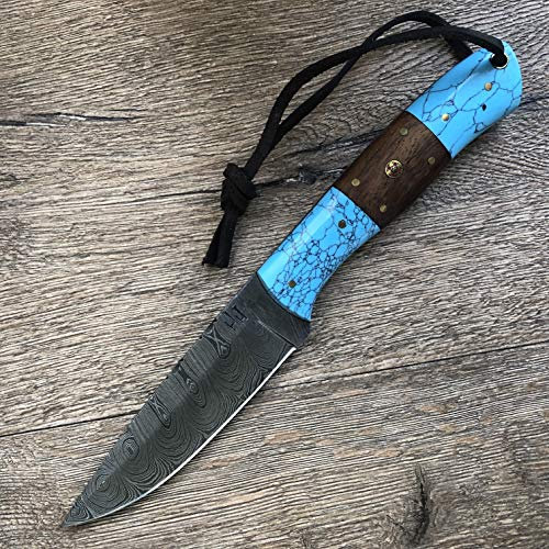 Hobby Hut HH-409, 24.13 cm handgemachte Bushcraft Damaskus Stahlmesser | Jagdmesser mit Lederscheide, Holz und Türkis Griff | Damastmesser Jagdmesser | Full Tang, Feste Klinge | Festehnde Messer