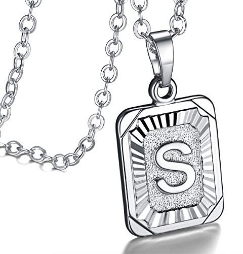 FOCALOOK Damen Halskette platiniert Buchstabe S Anhänger mit 55cm verstellbarer Rolokette Rechteck Initiale Modeschmuck Accessoire für Frauen Mädchen