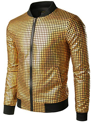 JOGAL Herren Metallic Pailletten Baseball Bomberjacke 70er Disco Party Kostüm Small Gold