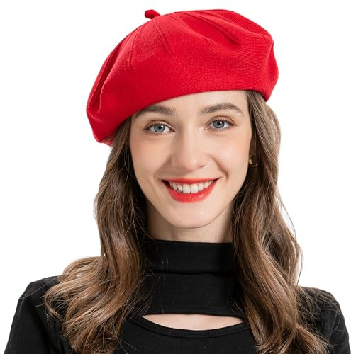 ZLYC French Beret hat, Reversible Solid Color Knit Warm Beret Cap for Womens Girls (Red)