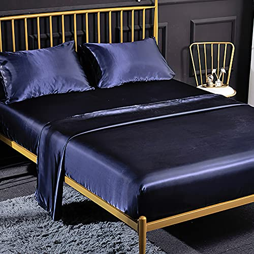 Jemiipee Completo Lenzuolo Letto Matrimoniale, 1 x Lenzuola Sotto con Angoli Tinta Unita 180x200 cm con 1 x Lenzuolo Piatto e 2 x Federe, Biancheria da Letto in Raso, Blu Navy
