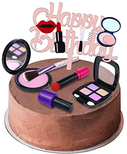 6 Pack Makeup Happy Birthday Resin Cupcake Topper Cake Decorating Kits Lipstick Eye Shadow Blush Brush Cake Picks Ladies Make Up Theme for Girls Womens Birthday Wedding Anniversary (6)