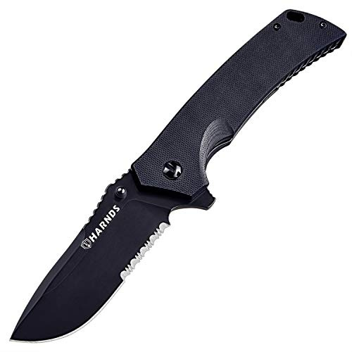 HARNDS Tragbares Klappmesser mit G10-Griff, D2-Edelstahl-Mehrzweckmesser mit Wellenschliff für Jagd, Camping, Survival (CK7205 - Titanium Schwarz)