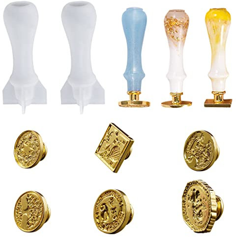KyeeaDIY 6 Stück Wachs Stempel Siegel Personalisiert mit 2Stück Griff Harz Formen Wachs Siegel Griff SilikonForm DIY Epoxidharz Gießen Form für Umschlag Hochzeit Einladung Karten