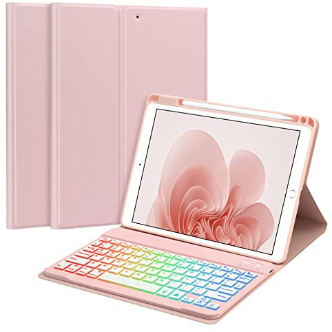 GOKOCO Funda con teclado retroiluminado para iPad de 10.2 pulgadas, funda protectora delgada antideslizante con soporte para bolígrafo, funda de teclado retroiluminada inalámbrica desmontable del