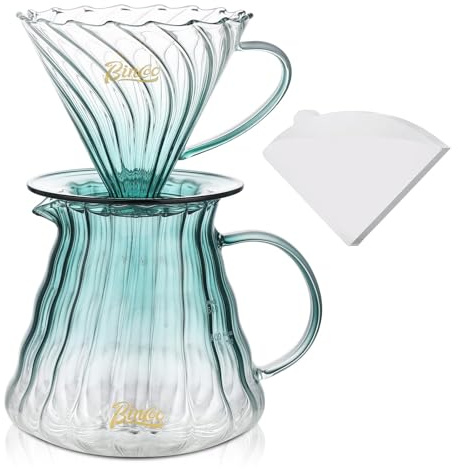 Bincoo Pour Over Coffee Maker Set with Dripper Size 02,600ml Glass Coffee Server Set,60 Angle TaperedGlass Coffee Dripper with Stand&Filter Paper for Home Office Gift (Green)