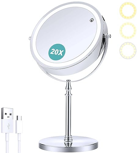B Beauty Planet Magnifying Mirror with Light,8 inch Rechargeable 1X/20X Double Sided Magnifying Lighted Makeup Mirror,Dimmable Led Vanity Mirror with 3 Color Lighting Modes