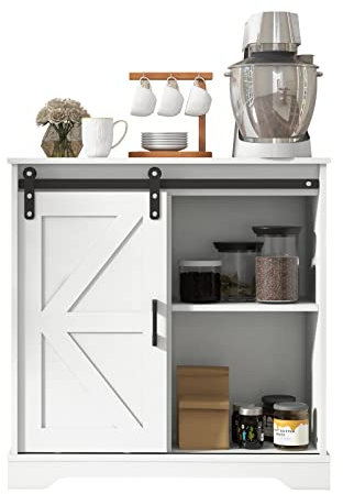 Panana Sideboard, Küchenschrank mit Schiebetür und Verstellbarem Regal, Aufbewahrungsschrank für Küche, Wohnzimmer, Esszimmer (Weiß)