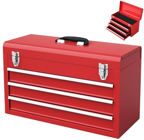 GiantexUK 3 Drawer Tool Box, Lockable Metal Tool Chest with Top Layer, EVA Mats, Ball Bearing Slides & Carry Handle, Portable Heavy-Duty Tool Storage Cabinet for Workshop Garage DIY Repair, 52x22x31cm