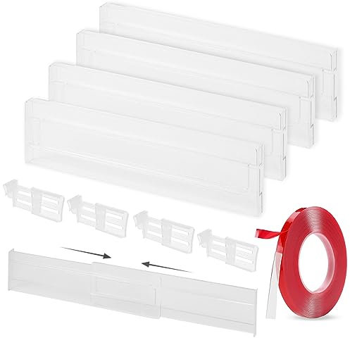huahuo 4 Pack Drawer Dividers & Refrigerator Door Organizer,Adjustable Drawer Organiser Divider for Clothes, 8cm High Expandable From 27.5-52cm, Clear Plastic kitchen Utensil Drawer Organiser