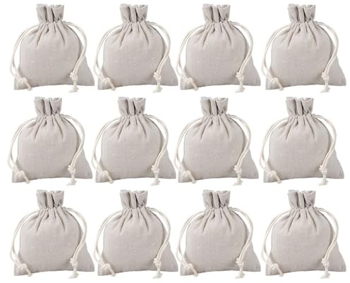 Ideen mit Herz Stoffbeutel mit Zugband | Geschenkverpackung | Gastgeschenk | Hochzeit | Aufbewahrung Kleinteile | 12 cm x 15 cm | natur | 12 Stück