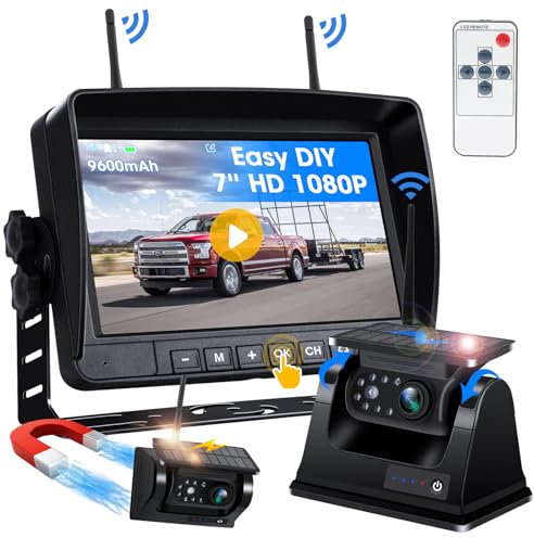 Magnetische Rückfahrkamera Kabellos Solar, 9600mAh Rückfahrkamera Kabellos Akku mit 1080P Nachtsicht 7 Zoll Monitor Rückfahrkamera Wohnmobil für Auto Wohnwagen LKW Einfache Installation Loop-Aufnahme