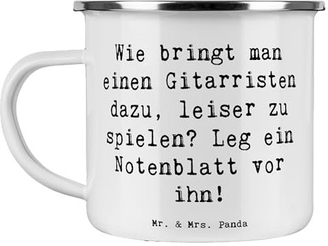 Mr. & Mrs. Panda Camping Emaille Tasse Spruch Gitarren Trick - Geschenk, Musikhumor, Gitarre spielen, Musiker, Trinkbecher, Musikzimmer, Edelstahl