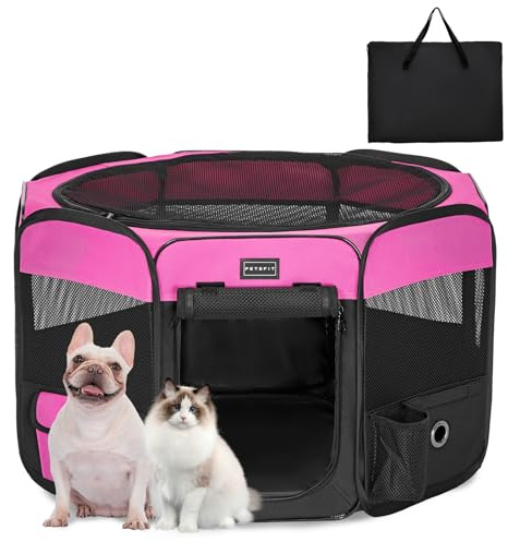 PETSFIT faltbar Welpenauslauf Tierlaufstall für Kleintiere Hunde Katzen,Hundelaufstall Freigehege mit Wasserdichter Boden,Pop-up System Kausicheres Design,Rosarot/Schwarz,75 * 68 * 42cm