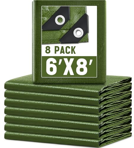 GliCraft 8 Pack 6 x 8 ft 5.5 Mil Large Tarps Heavy Duty Waterproof Tarp Multi Purpose Tent Cover for Home Boats Cars Camping Patio Furniture Roof Emergency Rain Protective Cover, Army Green