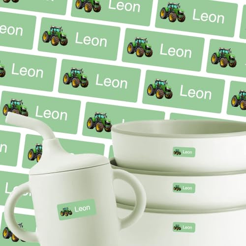 Namensaufkleber für Flasche & Brotdose (125 Sticker) – Aufkleber mit Name und Traktor für Brotdosen oder Flaschen – Ideal für Schule und Kindergarten – Wasserfest, Spülmaschinenfest, 30 x 13 mm