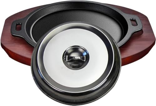 Plato para servir de hierro fundido, bandeja para carne con tapa de acero inoxidable, base de madera, plancha de hierro fundido para uso doméstico o en restaurante-23cm