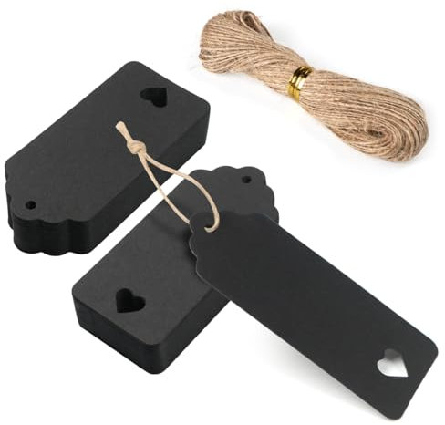FOMGIIN Kraft Paper Gift Tags, 50 Pcs Black Gift Tags for Crafts and Easter Christmas Lovely Labels Heart Wedding Hollow Favour Name Tags (50 Pcs Black Tag with 30M Jute Twine String)