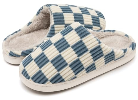 Guyarns Chaussons Femmes Hommes Hiver,Pantoufles Femmes Carreaux en Mousse Floue Glissent sur des Chaussons Moelleuses de Chambre à Coucher anti-skid Intérieur Extérieur(Bleu,38/39 EU)