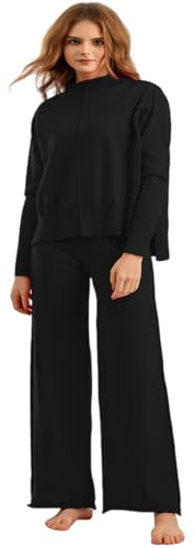Veriliss Damen 2-Teilige Outfits Pullover Set Gestrickte Outfits Stehkragen Pullover Hosen Sweatsuit Loungewear Passende Trainingsanzüge(Schwarz,XL)