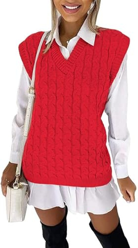 WeaAll Ladies Cable Knit V Neck Sleeveless Vest Women's Knitted Jumper Tank Top Winter Chunky Sweater Plus Size UK 8-22