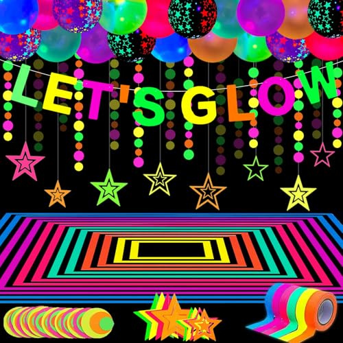 53 Pack Neon Glow Geburtstag Party Supplies UV Sticks Party Set Hochzeit Dekorationen - LET'S GLOW Flagge, Stern und Dreieck Flagge, Light-up Ballons und Klebeband für Neon Thema Dekoration