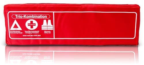 Thomatex® KFZ Kombitasche (3in1) 2026/2027 [DIN 13164-2022] – Lange Haltbarkeit – Erste-Hilfe-Set mit Warndreieck & Warnweste – Rot