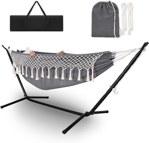 Springos® Hamaca doble con estructura – Soporta hasta 200 kg, estructura de metal 120 kg, ajustable, tela de algodón transpirable, incluye cojín y bolsa de transporte, ideal para jardín, patio y