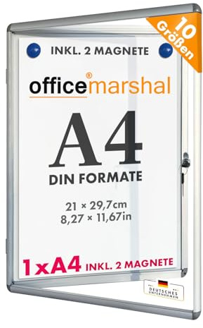 OfficeMarshal Schaukasten 1xA4 inkl. 2 Magnete Infokasten Aushang Aushangkasten Magnetische & beschreibbare Rückwand Plakatschaukasten mit Alurahmen