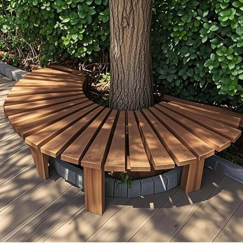 Yopappol Baumbank aus Holz, wetterfeste Terrassenlattenbänke, runde, umlaufende Sitzgelegenheiten im Freien für Hinterhof/Garten/Rasen/Veranda, Hocker ohne Rückenlehne(Braun,Half Round)