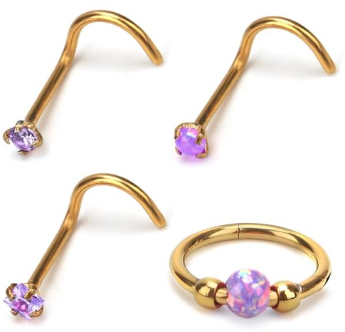 Mikovivi 4 Pcs Anneaux Nez Acier Inoxydable, Studs Nasaux L Anneaux Segmentés Charnière Acier avec Fermeture Clip pour Narine Septum Cartilage Hélix Rook Lobe D'oreille Piercings Labiaux (Violet)