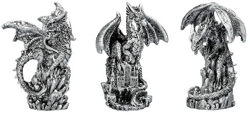Figuren Shop GmbH Juego de 3 figuras de dragón – Conquistador de mundos plateados, figuras decorativas de fantasía de aprox. 10 cm de alto