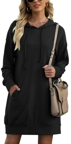 Litherday Damen Hoodie Lang Sweatshirts mit Kapuze Langarm Kapuzenpullover Kleid Sweatkleid Casual Minikleid mit Taschen