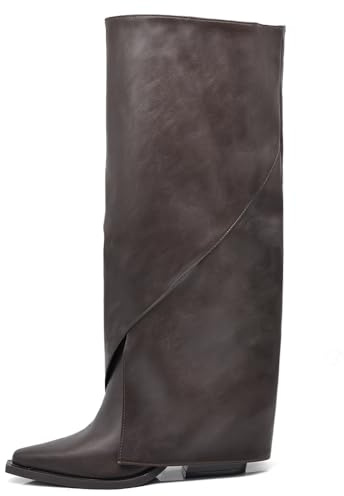 IF Stivali Donna con gambale rovesciato Ghetta Integrata e Punta Squadrata Gambale Alto Asimmetrico con Tacco Nascosto 2701-1 T.moro N.37