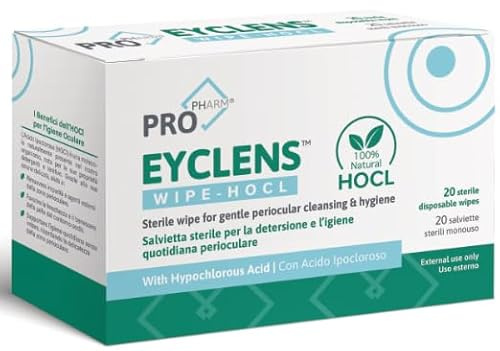 PROPHARM Eyclens Wipe-HOCL, Salviette Sterili monouso per la detersione e l'igiene quotidiana perioculare, 20 Pezzi, con Acido Ipocloroso