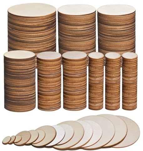 DLUSZERT 400 dischi rotondi in legno per fai da te, 5 cm, 4 cm, 3 cm, 2 cm, 1 cm, dischi in legno naturale, rotondi, cerchi in legno, ornamenti per fai da te, matrimoni, scrapbooking