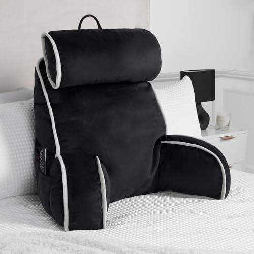 OHS Reading Pillow for Bed Adult, Detachable Neck Roll Piped Edge Cuddle Cushion with Head Rest High Back Support Cushion with Arms & Pocket Gaming Cushions for Boys Girls Sit Up in Bed Pillow, Black