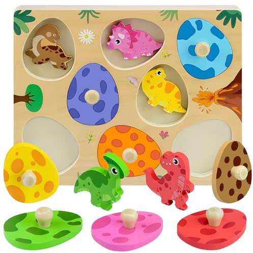 VingaHouse Montessori leksak, 3D-barnpussel, dino, ägg, träleksak, träpussel från 1 år, grippussel motorikleksak, sorteringsspel, födelsedag, påsk, present för flickor pojkar [dinosaurier]