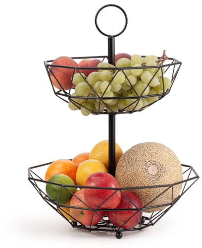 EHC 2 Tier Fruit Basket Stand for Kitchen, Counter Storage Organiser, Vegetable Holder, Fruits Organiser, Easy Assembly, Geometric, Black